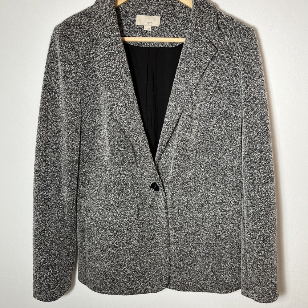 Loft Womens Black White Marledโ Knit Blazer Single Button Jacket Size 6